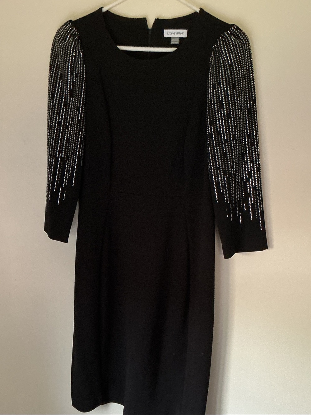Calvin Klein Black Midi Dress with Beaded Sleeve Fringe